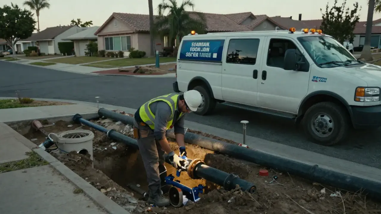 Sewer Line Repair in Stanton, California: front and side of a well-maintained, unbranded service vehicle parked on a