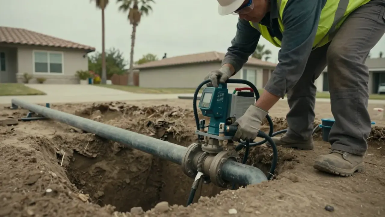 Sewer Line Repair in Stanton, California: close-up of a sewer line technician's gloved hands operating the controls of a