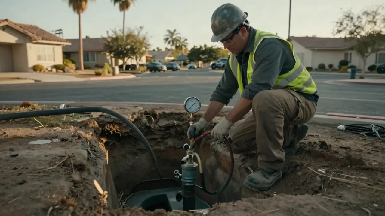 Trenchless Sewer Line Repair in Stanton, California: sewer line technician monitoring the pressure gauge and hydraulic