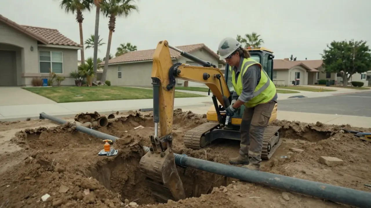 Sewer Line Repair in Stanton, California: wide shot of a sewer line technician carefully excavating around a damaged sewer