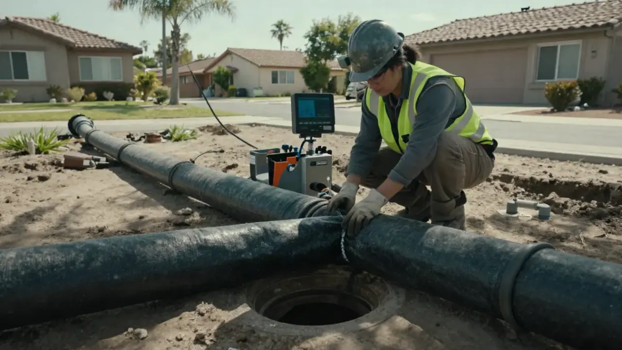 Sewer Pipe Lining (CIPP) in Stanton, California: sewer line technician preparing a resin-saturated felt liner for inversion