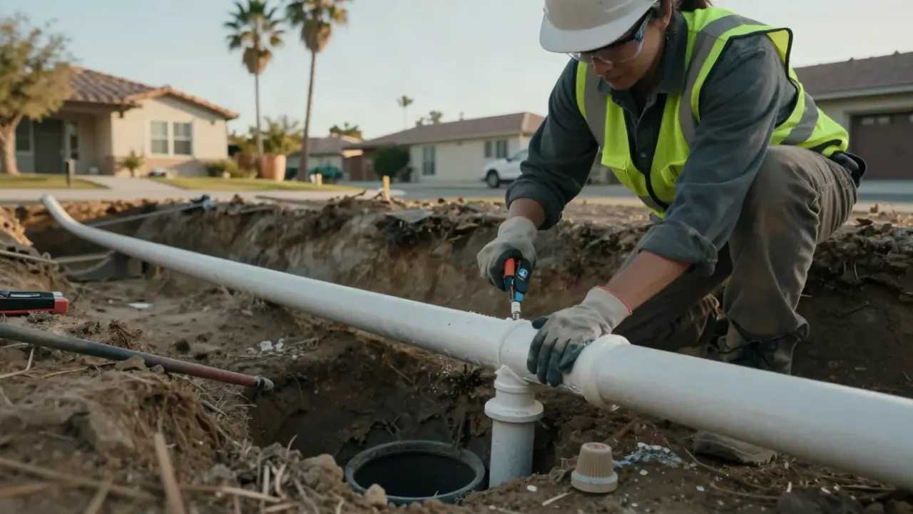 Spot Sewer Line Repair in Stanton, California: sewer line technician applying primer and adhesive to a new section of PVC